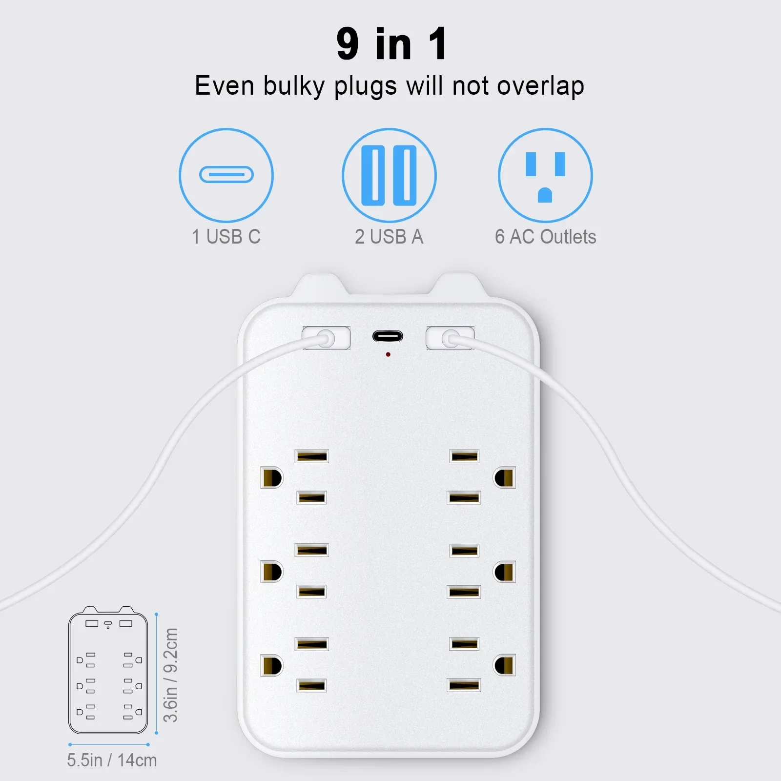 9-in-1 Surge Protector 6-Outlet Extender with  Ports Power Strip Multi Plug Outlets Wall Adapter Spaced for Home Fast Charging