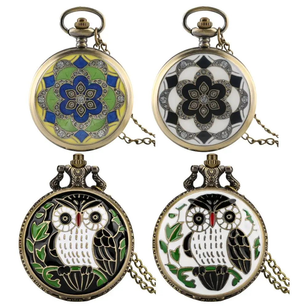 3pcs/Lot Green/White Flower/Owl Bronze Necklace Pocket Watch Quartz Movement Retro Pendant Pocket Clock Gift for Men Women