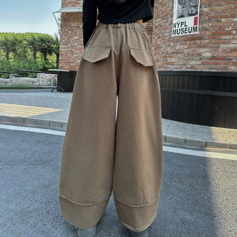 الفتيات عادية بنطال ذو قصة أرجل مستقيمة خريف 2025 نمط جديد عصري مكبل فضفاض واسعة الساق الأطفال موضة بنطلون للأطفال الكبار