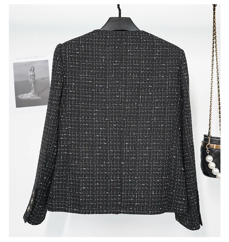 French Small Fragrant Wool Coat for Women, Coarse Plaid Tweed Black Jacket, Shiny Silk, Round Neck, High Quality, New Luxury