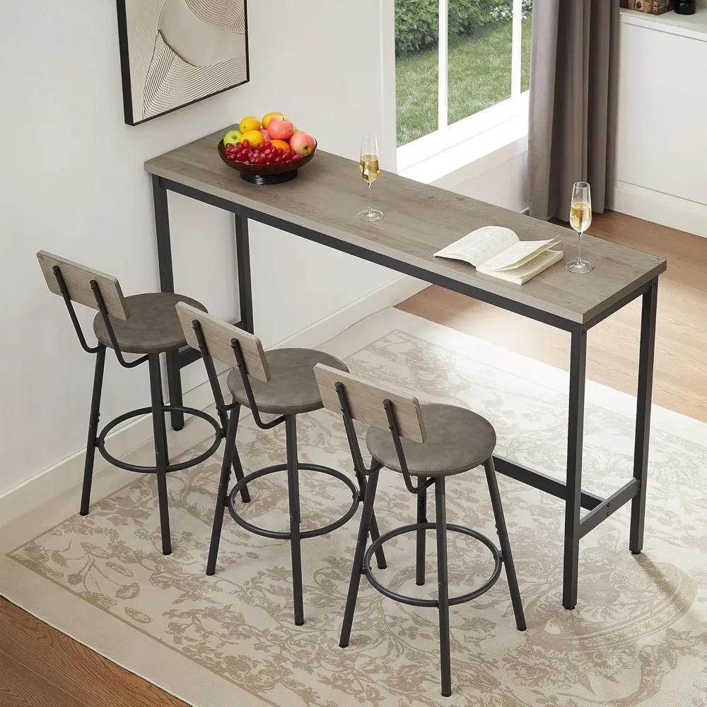 

4 Piece Long Bar Table and Chairs Set, Industrial Counter Height Dining Table Set with Sofa Bar Table and 3 Upholstered Stools