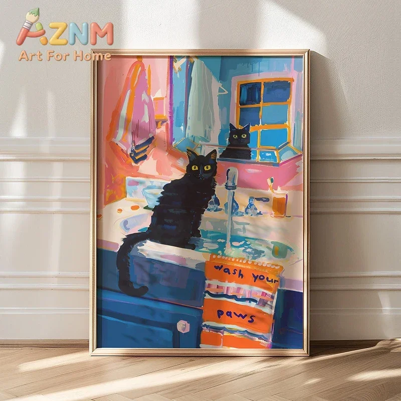 1pc frameless Canvas Painting Maximalist Bathroom Decor Poster Trendy Cat Canvas Painting Dopamine Print Kitsch Aesthetic Wall A