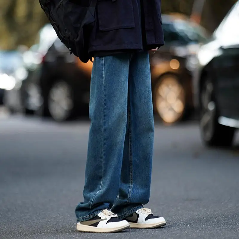 

Blue Men's Jeans High Street Sle Loose Wide Leg Straight Casual Pants Wear Resistant Bleach Waed American Sle Spring Au...
