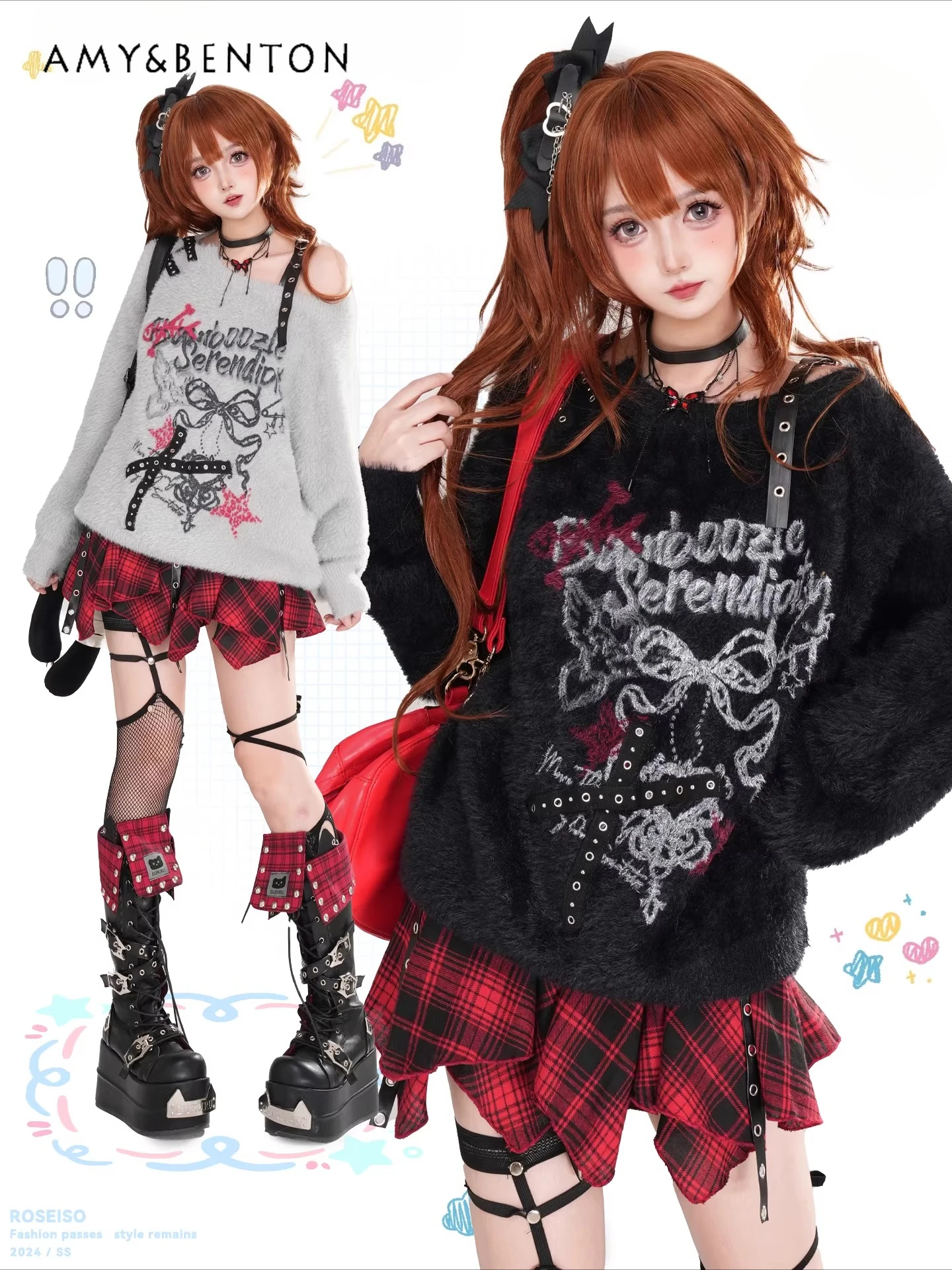 

Sweet Cool Harajuku Style Printed Off-Shoulder Seahorse Sweater Subculture Punk Style Loose Hot Girl Y2K Long Sleeve Pullover