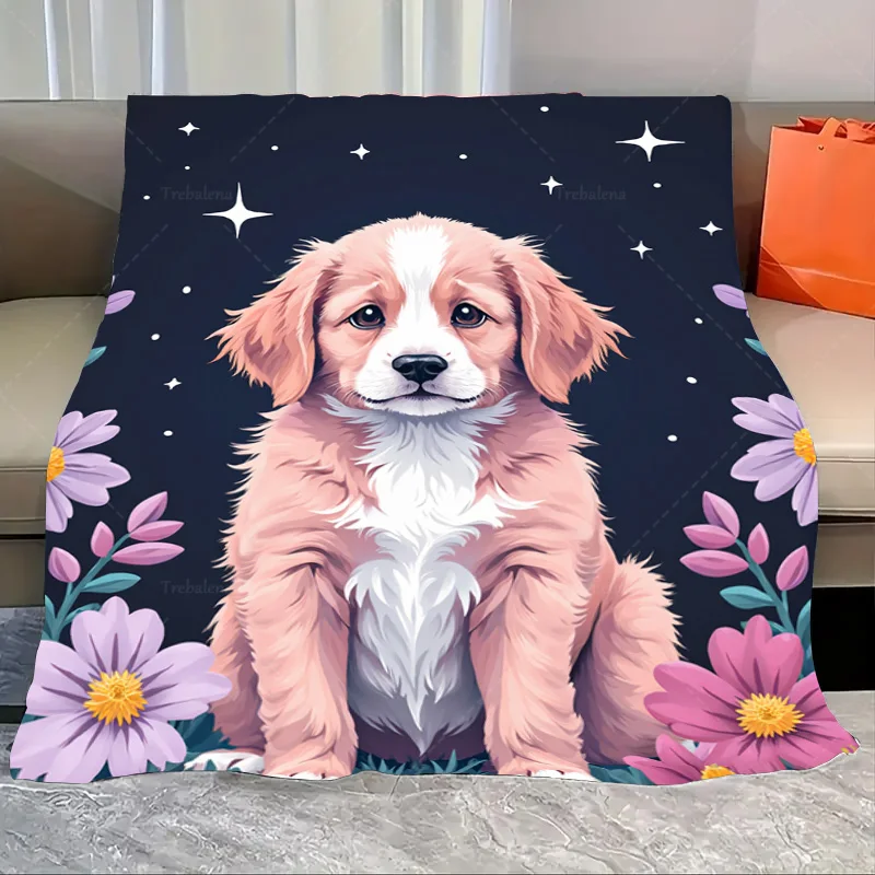 

1pc Flannel Blanket Cute Puppy with Stars and Flowers Soft Cozy Blanket for Kids