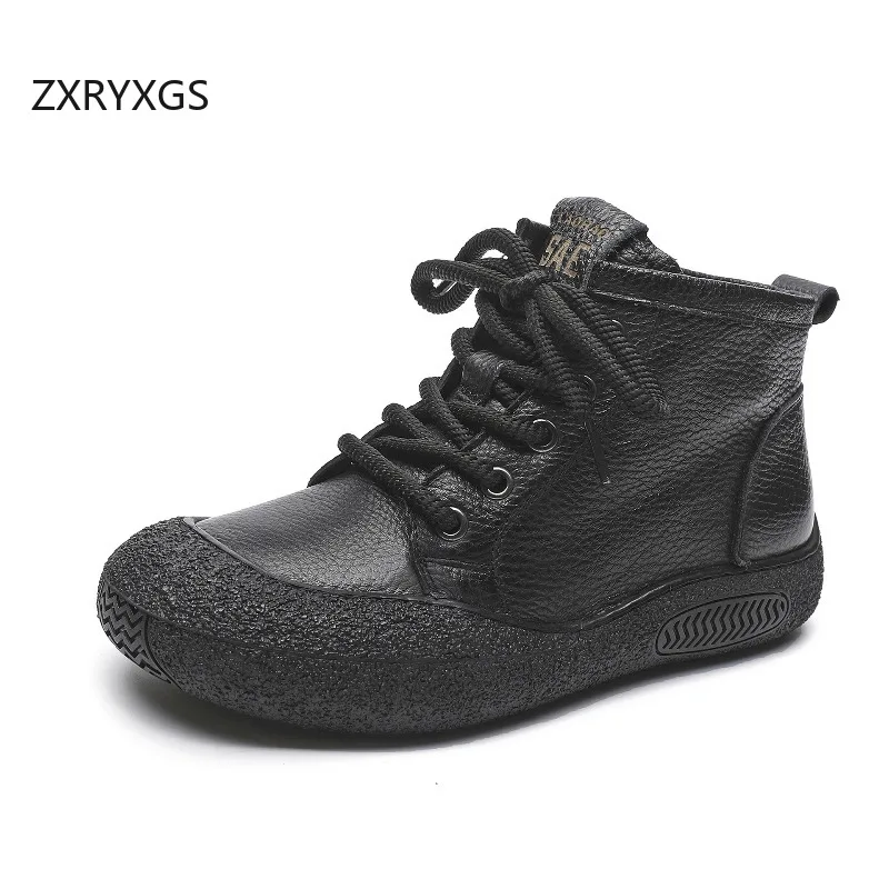 ZXRYXGS 2024 Promotion Full Real Leather Women Leather Boots Trend Sneakers 2024 Lace-up Round Toe Casual Sneakers Flat Shoes