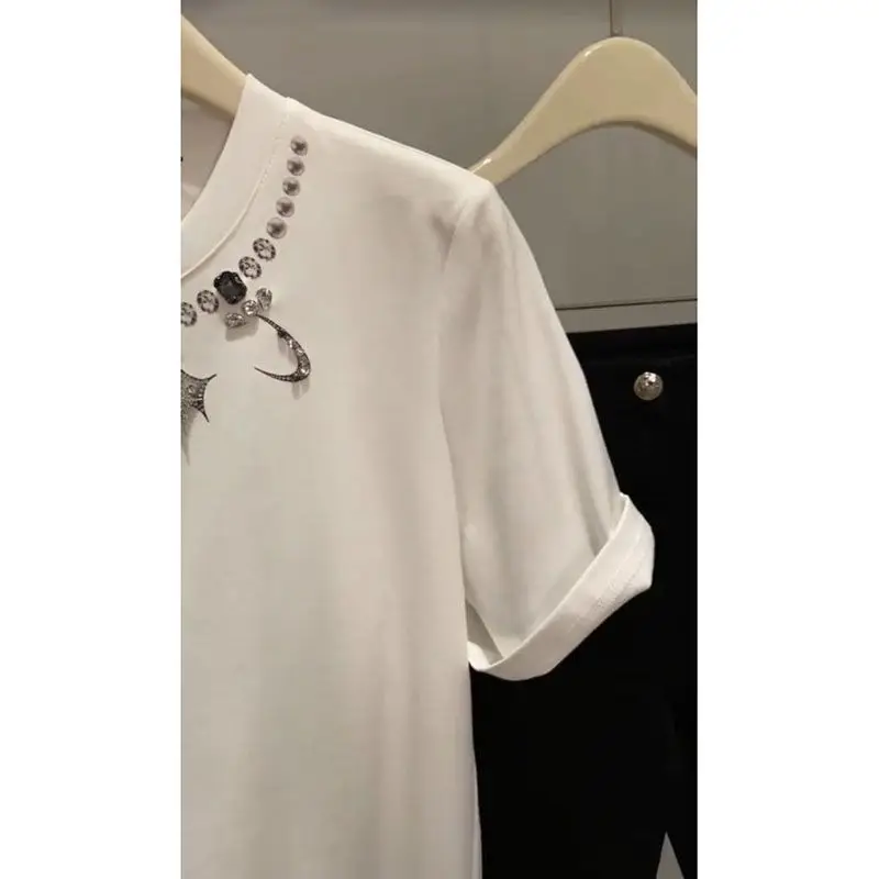 Luxury Women Stars Diamonds Beaded White Short Sleeved T-shirts  Heart Shaped Rhinestones Tees Loose O-Neck Jumpers Crop Tops