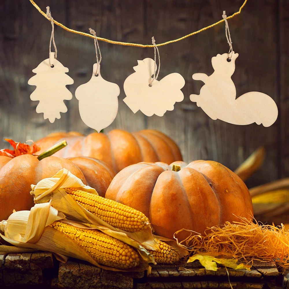 30 teile/satz Unvollendete Holz Ahorn Blätter Kürbis Eichhörnchen Ausschnitte Leere Holz Ornamente Thanksgiving Liefert für DIY Hängen – Detail 5
