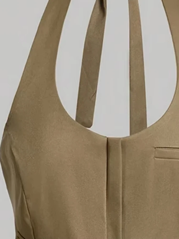 Regatas sem costas com bolsos para mulheres, zíper frontal, gola halter, laço amarrado, camis femininas, sexy, moda