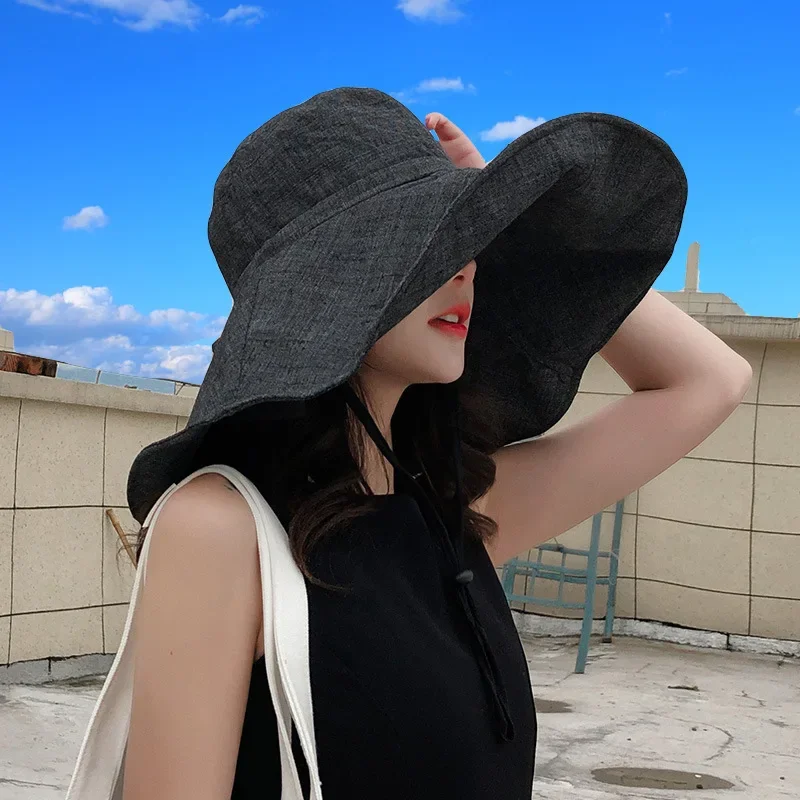 Summer Cap Wide Brim Linen Sun Hats for Women Uv Protection Sunshade Foldable Bucket Hat Beach Outing Panama Caps Gorras