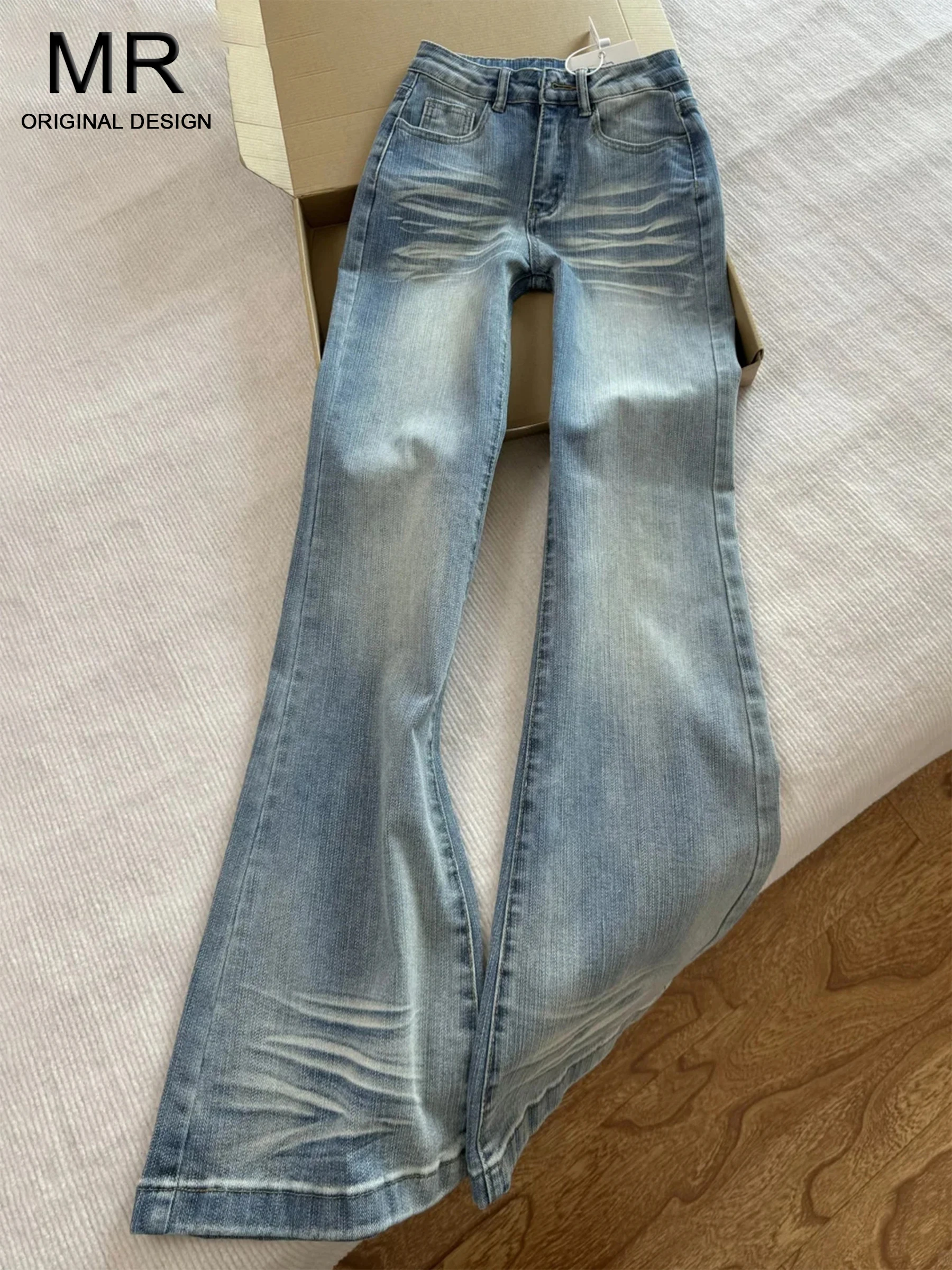 

Light Blue Heavy Duty Washed Low Waist Flared Denim Jeans Women's New 2026 Summer Slimming Floor-Length Casual Trousers