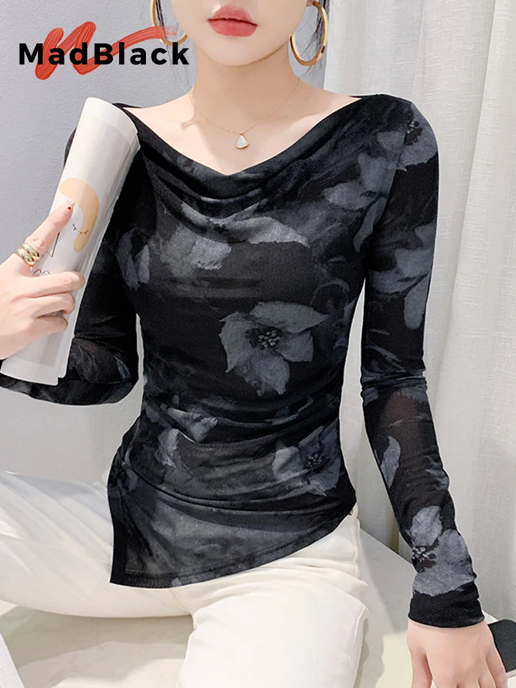 MadBlack, European Clothes T-Shirt, Sexy Women Pile Collar Print Top, Long Sleeve Mesh Slim Irregular Tee, Fall Winter T49528CC