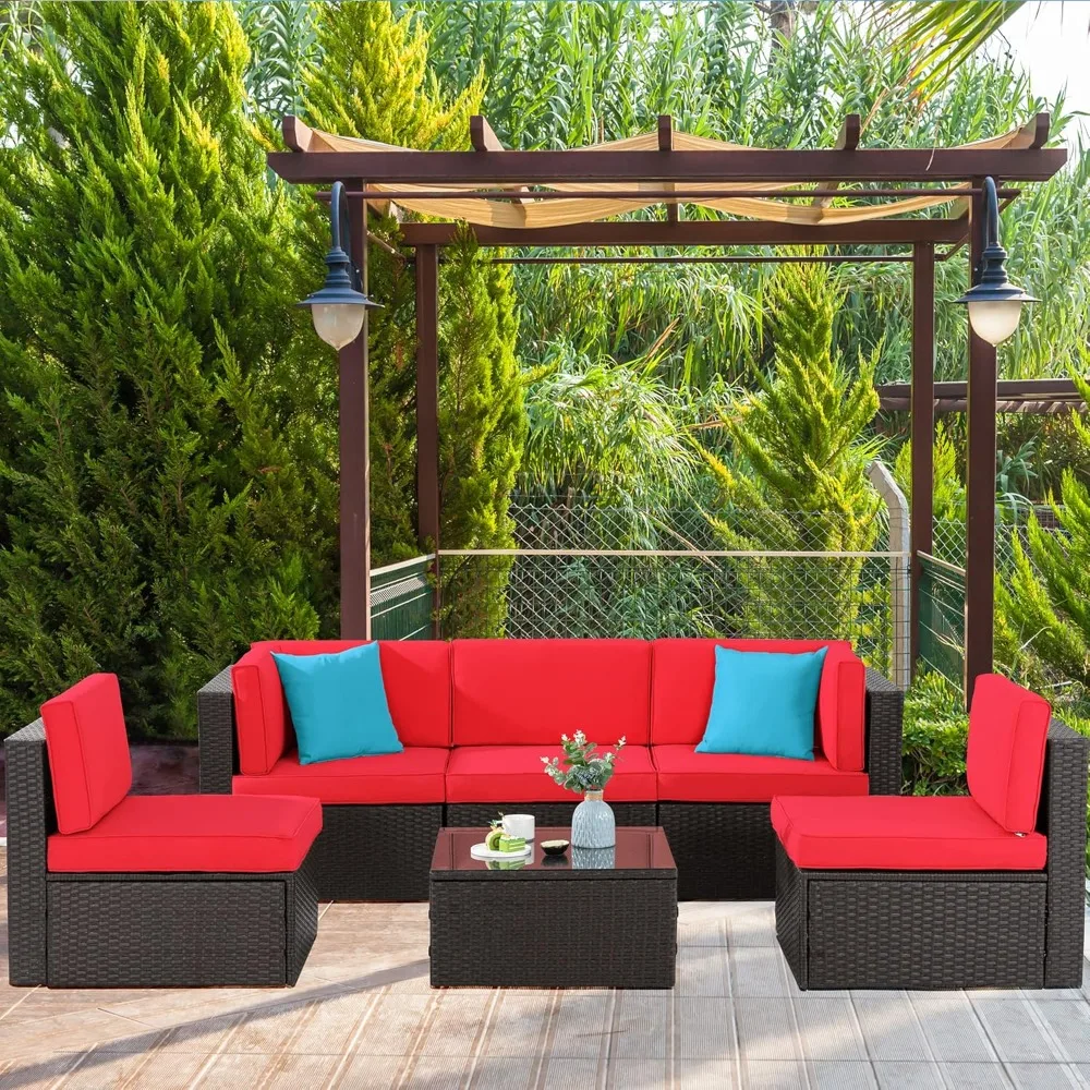 

Outdoor Patio Furniture Set: 6-Piece All-Weather Sectional Sofa with PE Rattan Wicker Manual Weaving