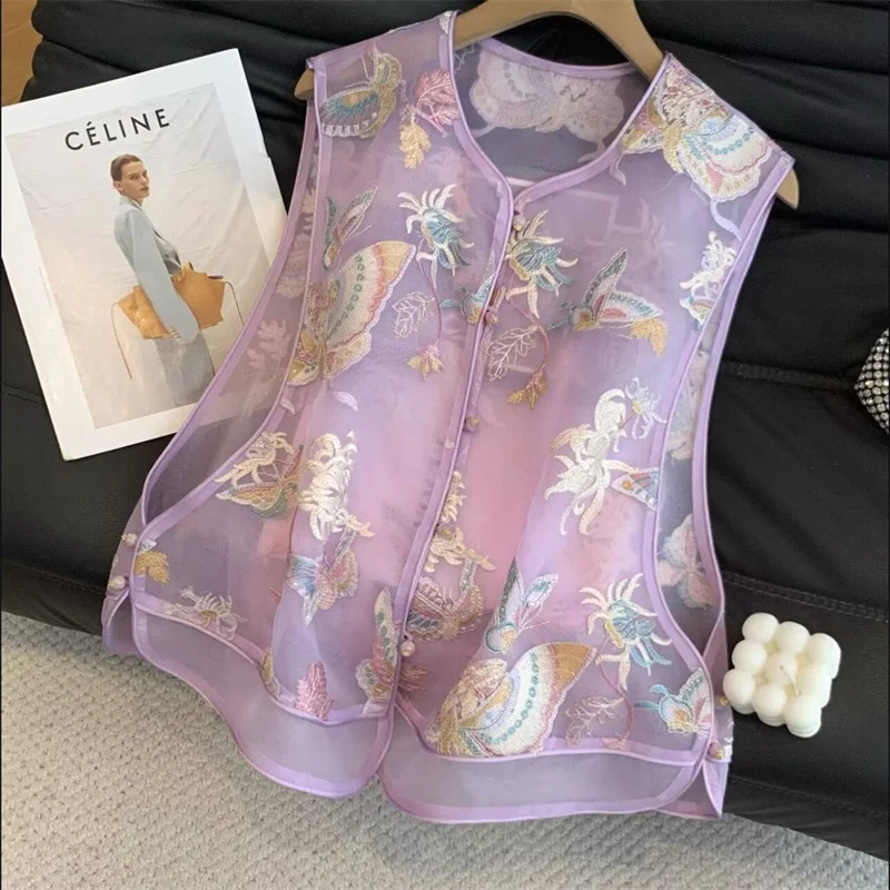 New Chinese Mint purple Peony Embroidered Vest Coat Retro Tassel Buckle Tulle Gentle Slim Short Sleeve Coat Sleeveless Vest Coat