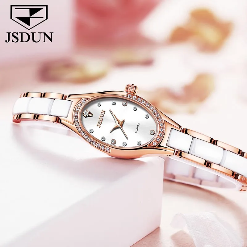 JSDUN Top Brand High Quality Fashion Ceramics Watch Women Simple Rose Gold Mechanical Clock Women Dress Watch Gift Reloj Mujer