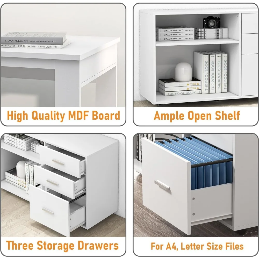 "Escritório de canto branco de 55 polegadas com armazenamento, 3 gavetas e 2 prateleiras para uso em computador e escritório"