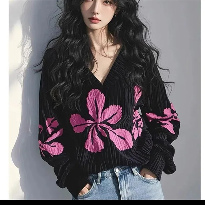 Printemps automne tricots pull femmes 2025 nouvelle mode ample décontracté fleur impression hauts col en v chemise noire femme