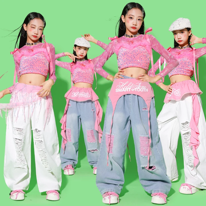 

Розовая рубашка с блестками для девочек, джазовая одежда, танцевальная одежда в стиле хип-хоп, костюм для выступлений, детская одежда для подиума, концертная одежда, сценическая одежда