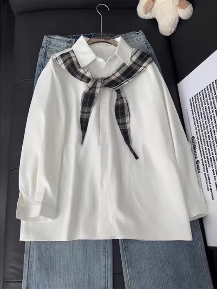 White Plaid Shirt Men's Long Sleeve Spring Advanced Hanging Sensation Collar Coat Standard Version Splice Youth Trend Button ...