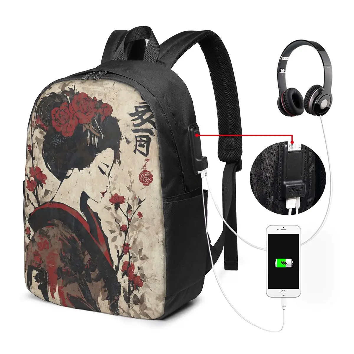 Elegant Japanese Geisha Floral Vintage Backpack Travel Notebook Bag Computer College Student School Bag Laptop Shoulder Bags