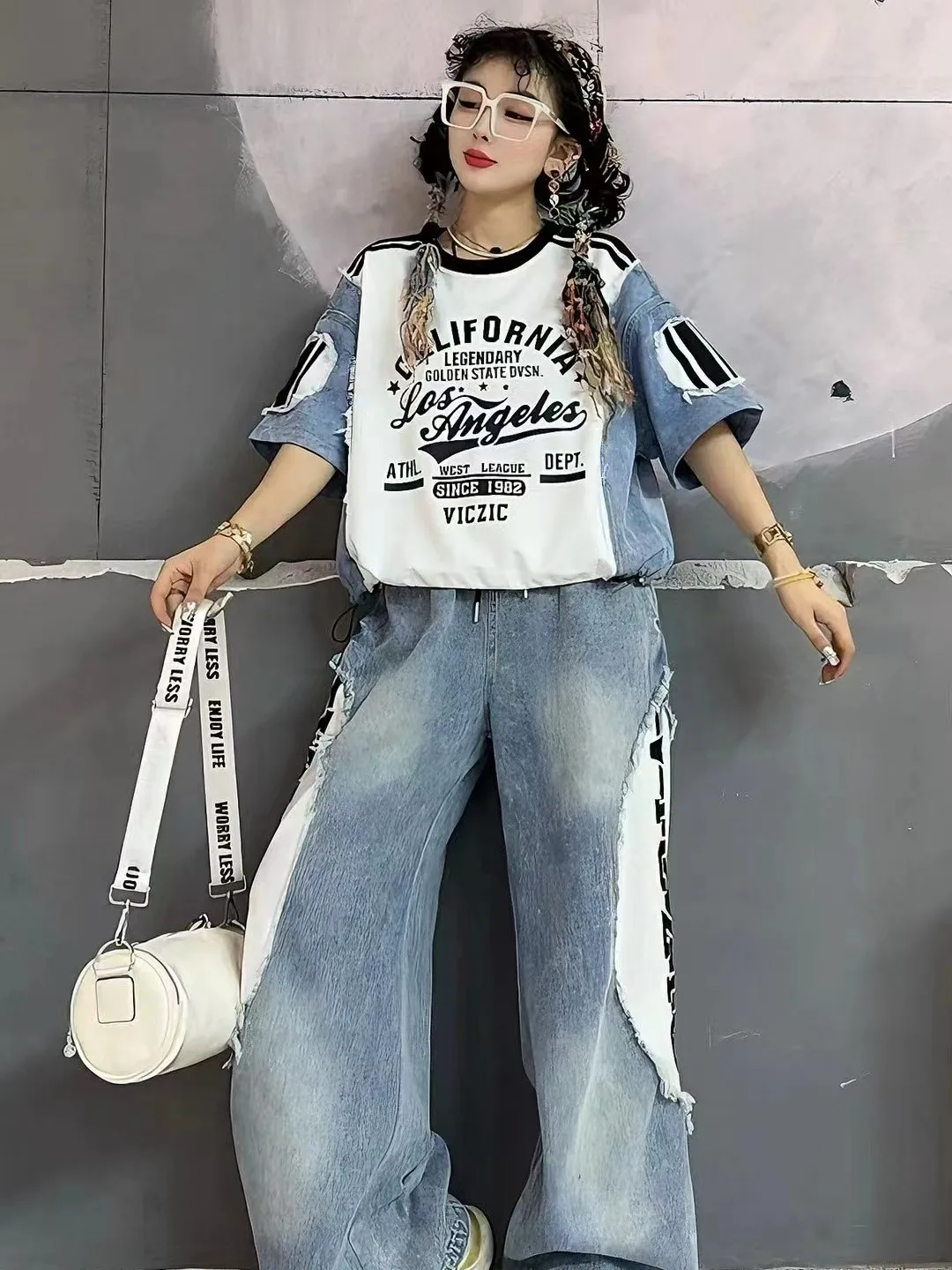 Casual Summer Women's Outfit T-Shirt And Jeans Set Letter Print Splicing Loose Long Pants Drawstring Cotton Denim Ensemble view 3