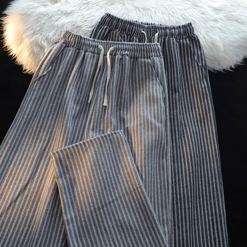 

Летние мужские широкие брюки в полоску, прямые повседневные брюки в стиле High Street, длинные брюки свободного кроя, корейская версия, универсальные.