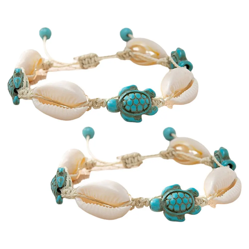 

2Pcs Shell Turtle Bracelet Anklet Set Handmade Bohemian Adjustable Natural Seashell Beach Jewelry Summer Wristband Charm