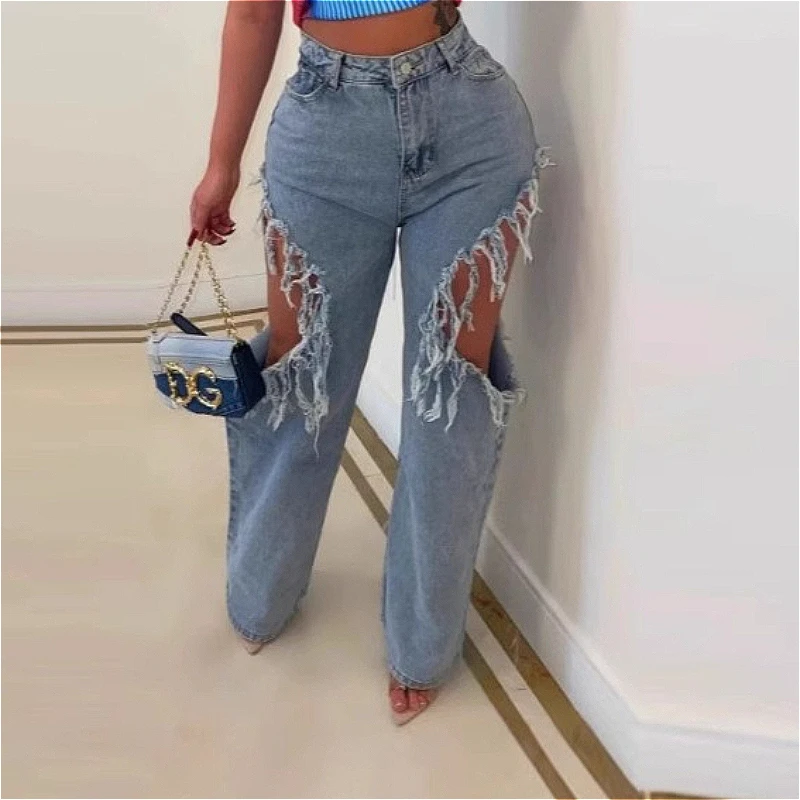 Women Solid Denim Jeans Holes Wide Leg Pants Full Lenth High Waist Zipper Loose Fit Y2k Casual Streetwear 2026 Spring Autumn