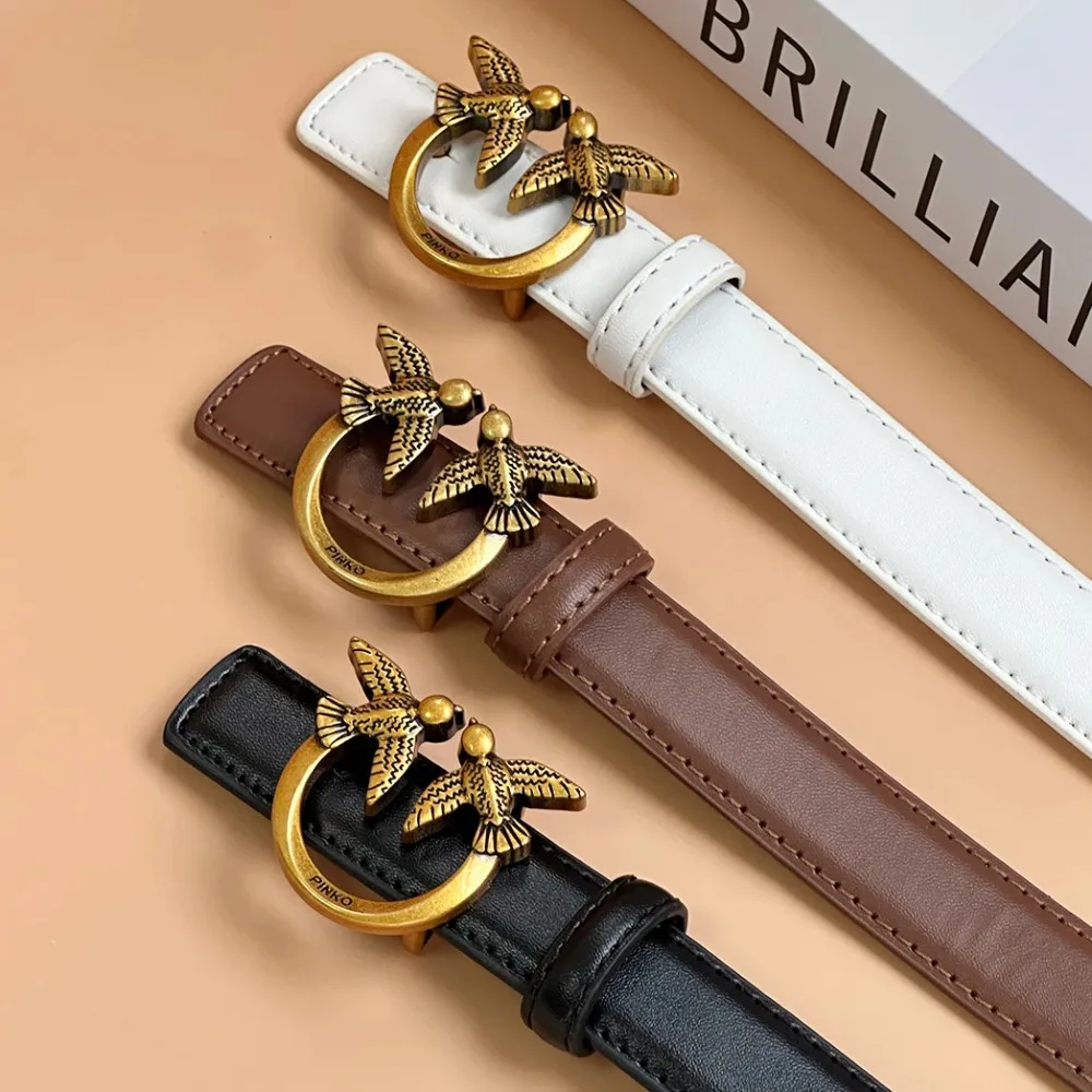 Retro Double‑Swallow Metal Buckle Women Thin Leather Belt, Vintage Luxury Waist Strap, Fashion All‑Match Waistband for Jeans