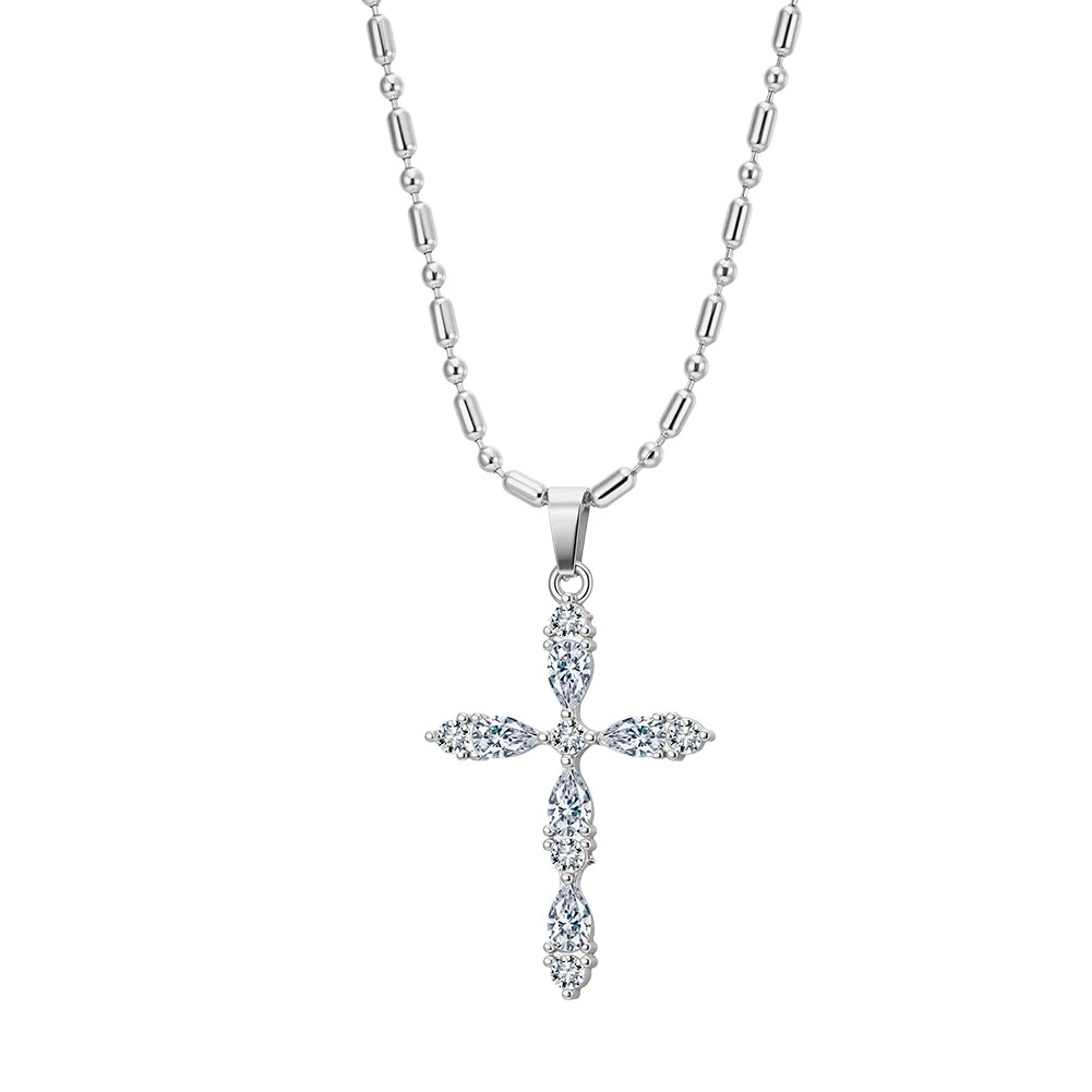 KISS MANDY Stainless Steel Sparkling Cross Pendant Necklace Beads Chain Cubic Zircon Christian Jewelry Gift Accessories STKN35