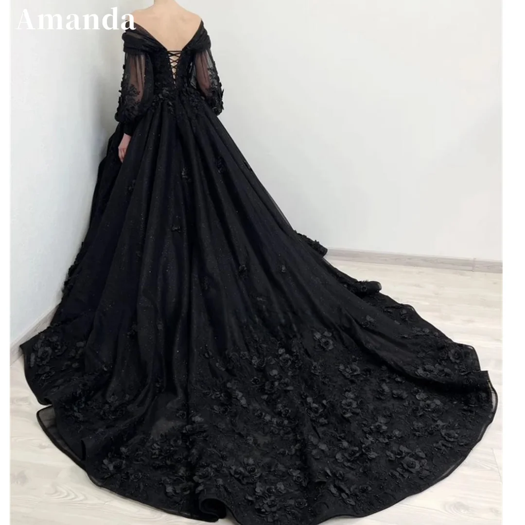 Amanda Puffy Sleeve Prom Dress Luxury 3D Flower Long Train Vestidos De Fiesta Gothic Ball Gown Wedding Dress فساتين سهرة