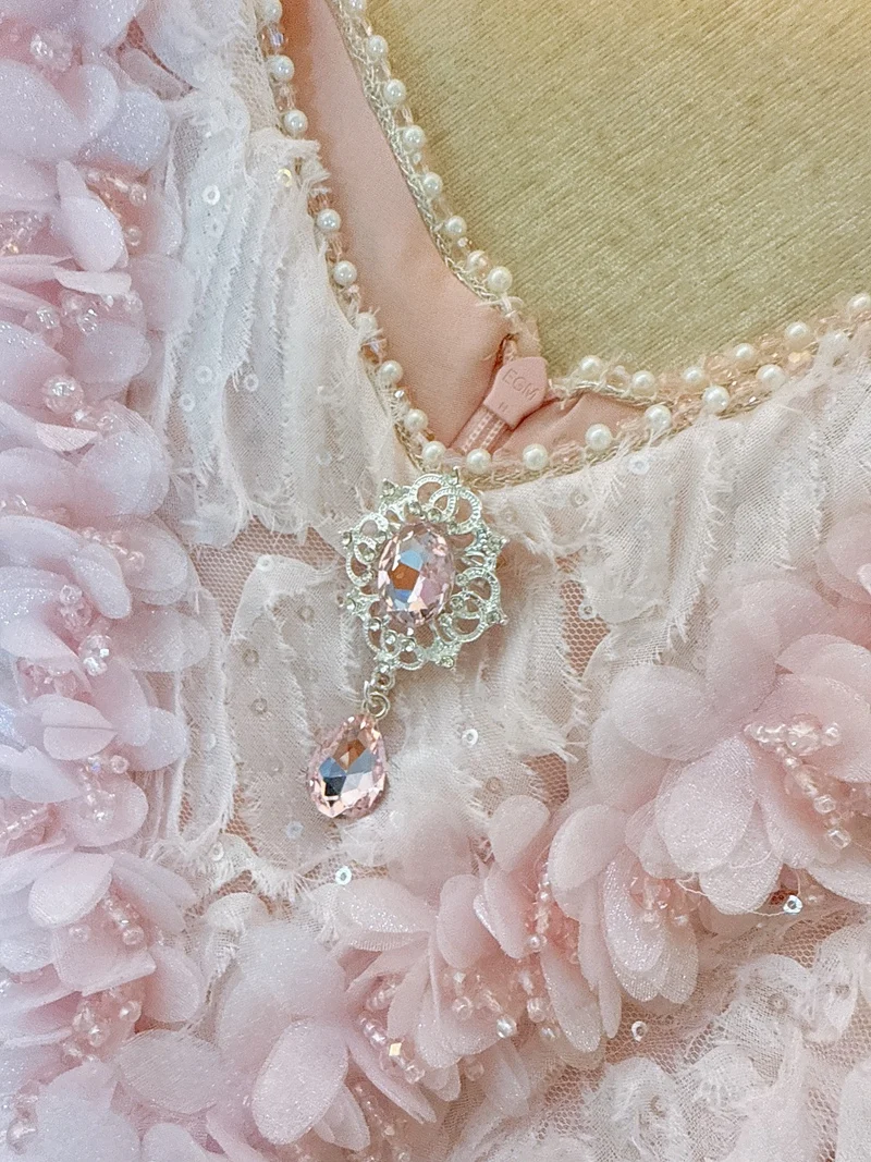 Ele Summer Vaion Dr Pink V-Ne Svel Robe trapèze brodée à embellissement lourd avec motif floral pour femme