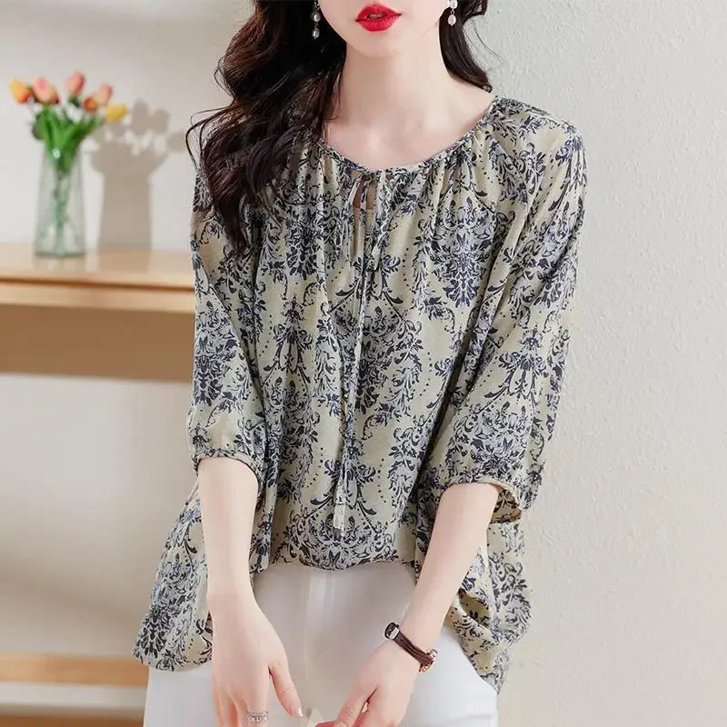 Elegant O-Neck Printed Lace Up Bow Floral Blouses Women\'s Clothing 2024 Summer New Loose All-match Tops Office Lady Shirts V1398