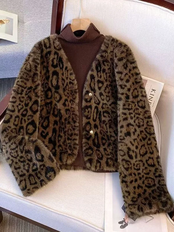   เสื้อโค้ทลายเสือดาวสำหรับผู้หญิง หนังเทียม ขนสัตว์ แต่งขอบ ดีไซน์ทันสมัย คอวี ใส่ได้ทุกวัน