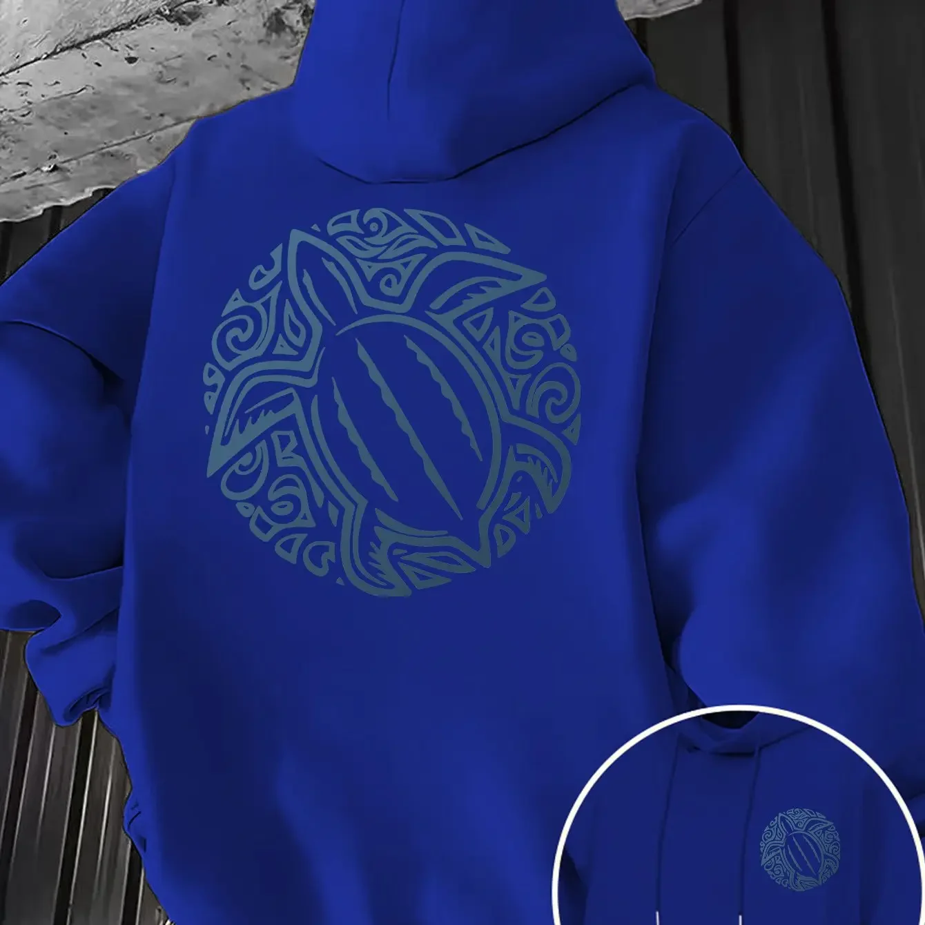Korean Streetwear Men Hoodie Polynesian Tribal Sea Turtle Circle Pattern Double Sided Print Beach Sweatshirt