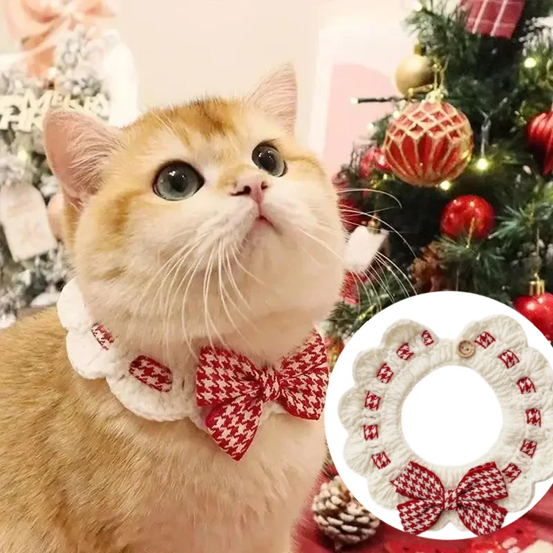 Christmas Cat Decor Red and Black Checkered Pet Collar Bib Water Towel Knitted Collar Used for Small Cat Bow Tie Christmas Gift