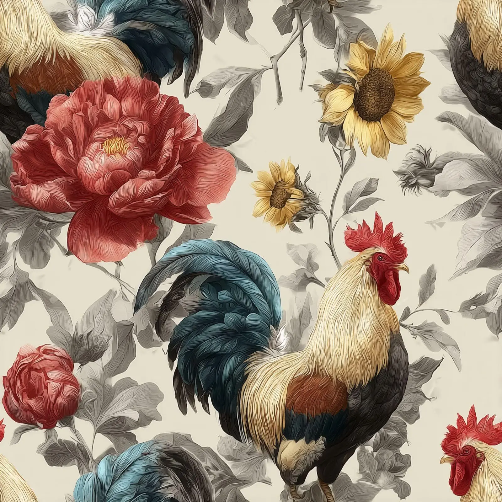 Self Adhesive Wallpaper Vintage Rooster Peony Sunflower Peel and Stick Wall Mural Farmhouse Wall Sticker for Kitchen Home Decor