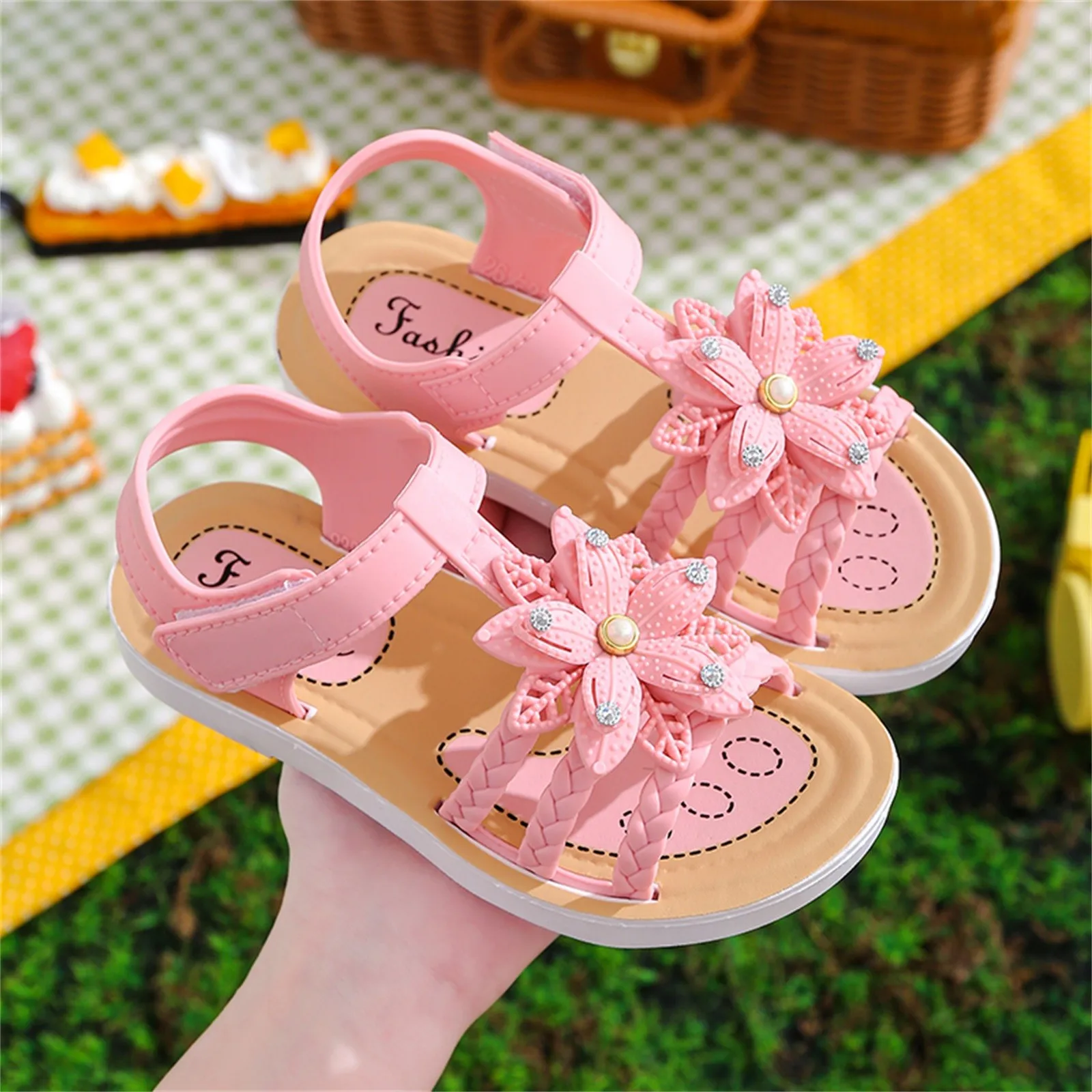 Sandalias de verano para niños, zapatos planos informales, suaves, antideslizantes, flor Rosa, con botones a presión