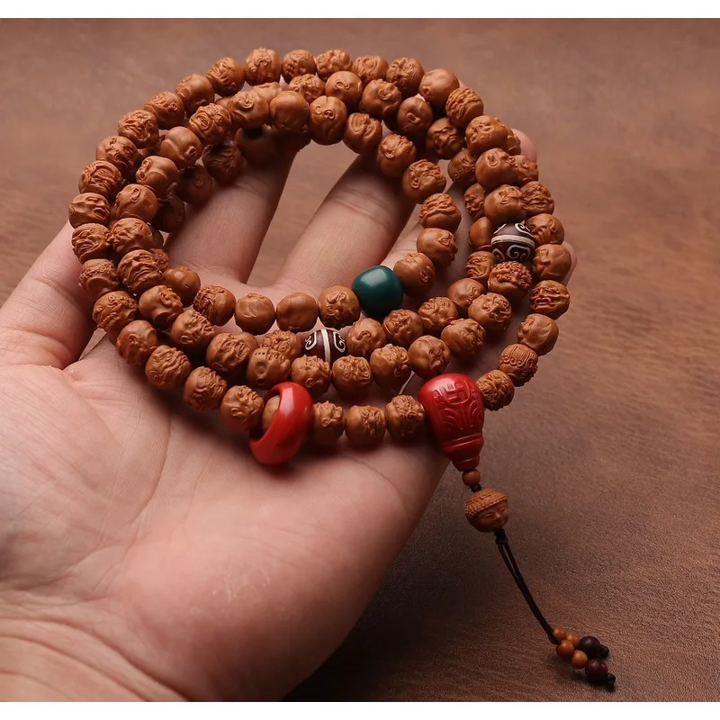 Dragon-patterned peach pit carving, 108 Arhat beads, short round small walnut bracelet, necklace, and pendant for hang