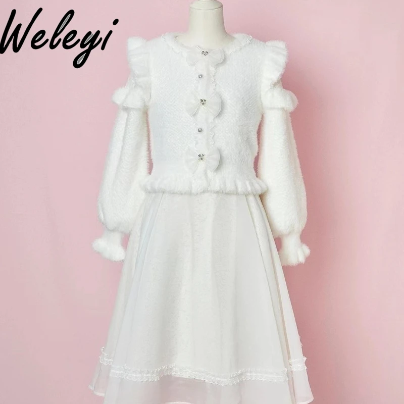 Sweet Lolita Bowvétérans t White Pullover pour femme, manches longues, coutures en dentelle, mode japonaise, hiver, nouveau