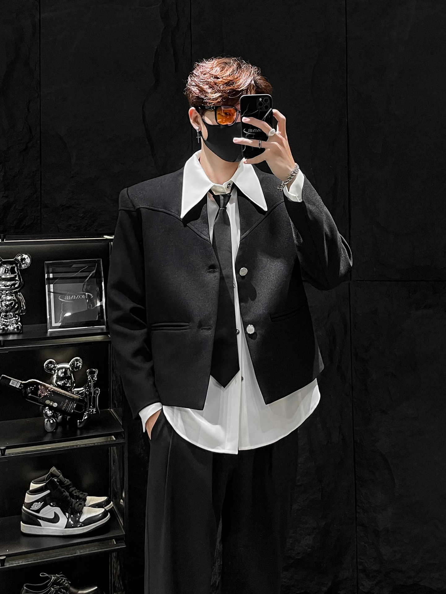 

Bla ort Suit Jaet for Men Woolen Material oulder Pads No Collar Korean Sle Trendy Top Youth Casual Long Sve