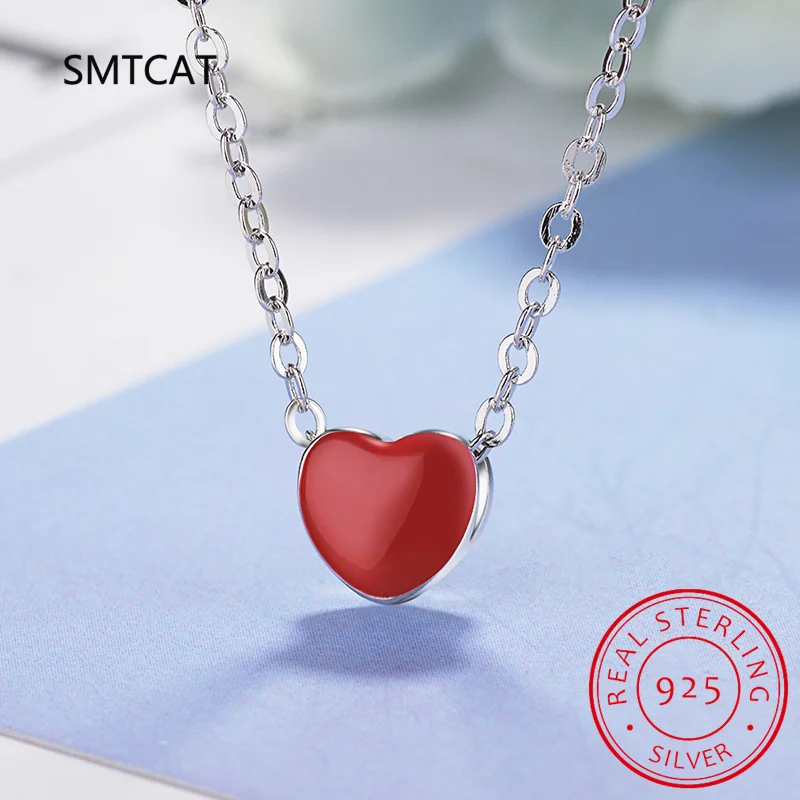 Real 925 Sterling Silver Red Enamel Hearts Pendant Necklace for Women Statement Fine Jewelry Collar Colar de Prata RHN734