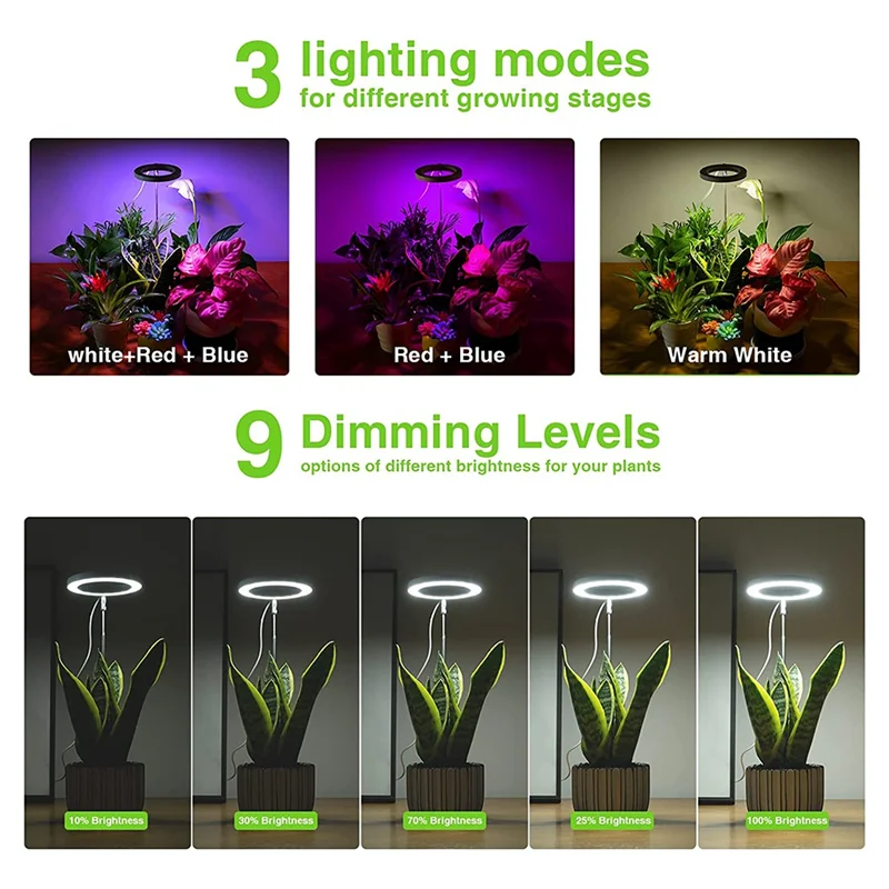 ABKO-Grow Lights per piante da interno, luce per piante Halo a LED a spettro completo con timer automatico regolabile in altezza del supporto, per piante