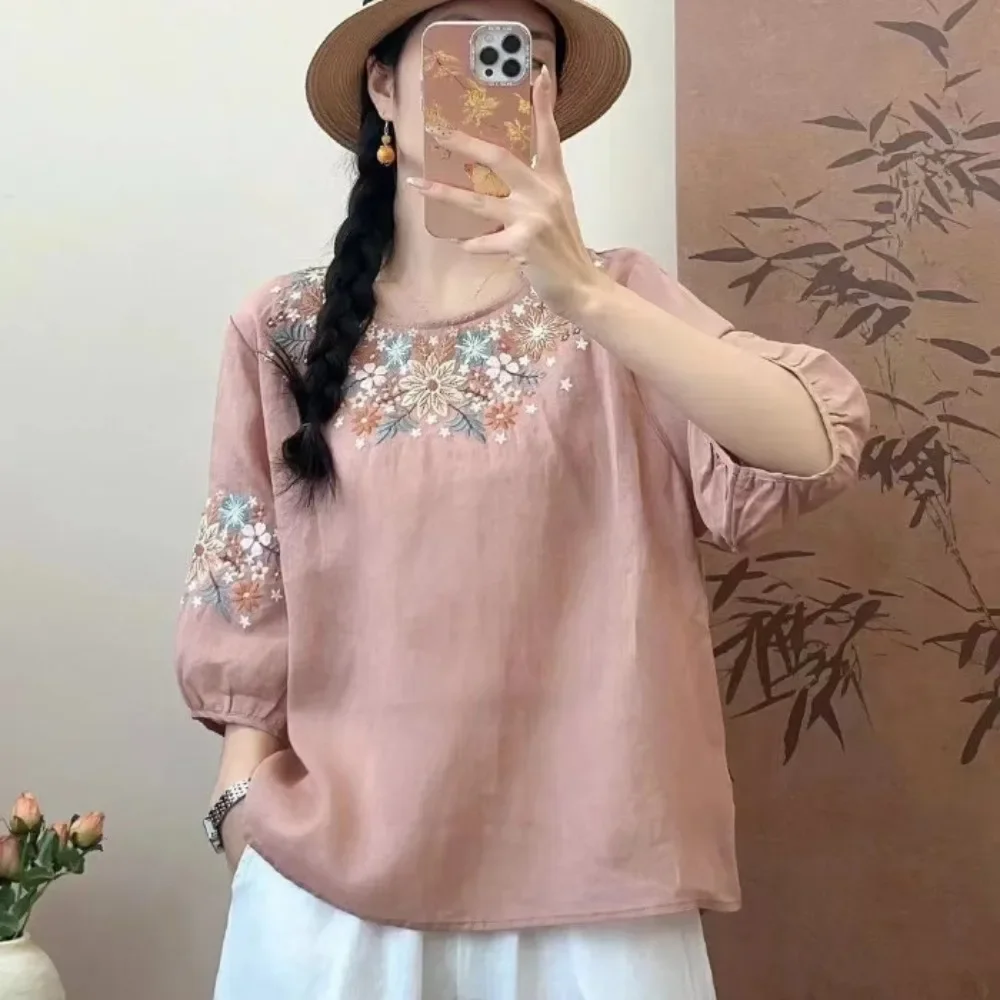 ملابس كلاسيكية رفيعة Y2k قمصان علوية للنساء ملابس هاراجوكو نمط عرقي ملابس الشارع الشهير تي شيرت تي شيرت كتان مطرز