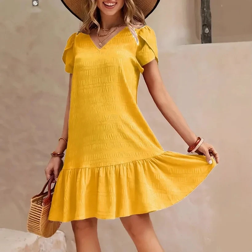 

New Roupas Feminina Short-sleeved Solid Color V-neck Loose Dress Womens Holiday Outdoor Commuting Daily Casual A-line Lace Skirt