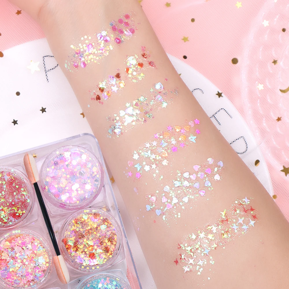 6 ポット/セットクリスマス子供ネイル/フェイスグリッタースパンコールスパークジェルクリームアイシャドウグリッタースター/ムーン/ハートフェスティバルメイクアップスパンコール