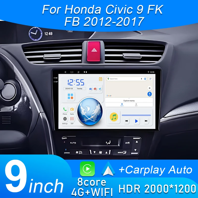 

Автомобильный радиоприемник Carplay для Honda Civic 9 FK FB 2012-2017, навигация, GPS, Android, авто стерео, мультимедийный плеер, 5G, Wi-Fi, видео без 2din