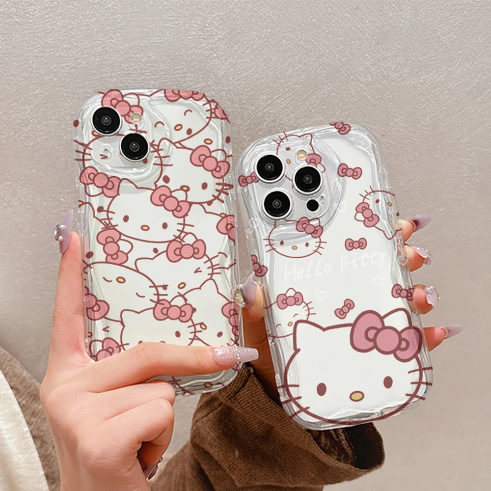 Cute Cartoon Hello Kitty 3D Wave Phone Case For OPPO Reno 11 F 8 T 7 Z 6 5 4 Pro F23 F11 F9 4G 5G Soft Silicone Back Cover