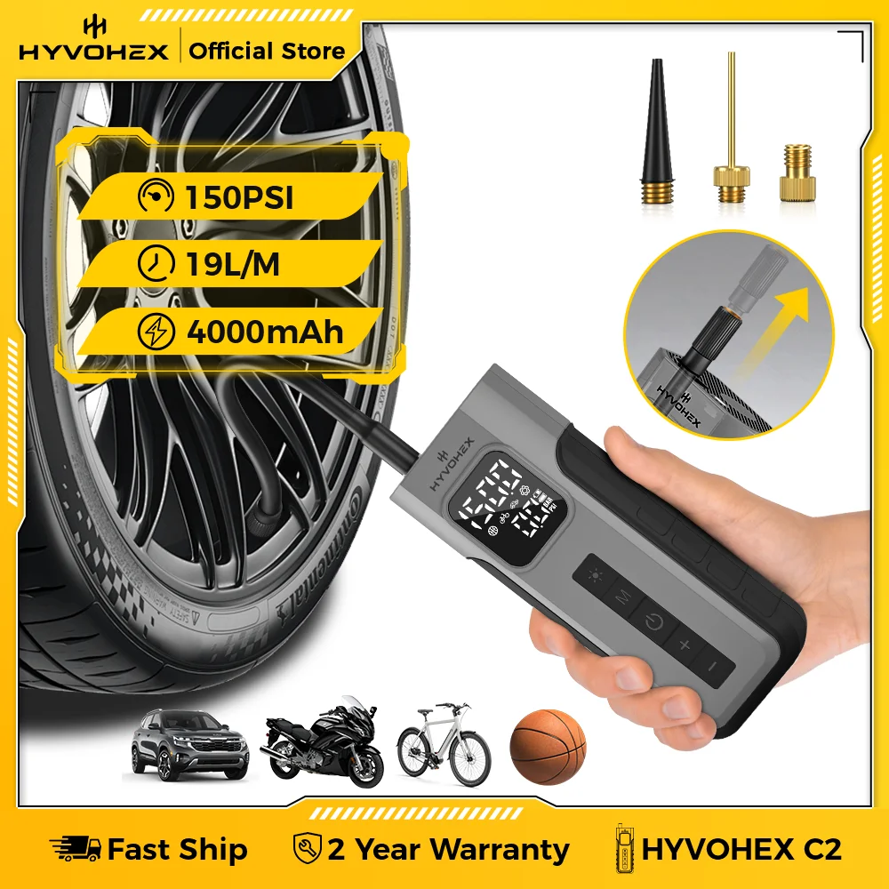 

HYVOHEX C2 Wireless Car Portable Air Compressor 100% Duty Cycle 4000mAh LED Light Tire Inflator Pump Cars Motorcycles Bicycles