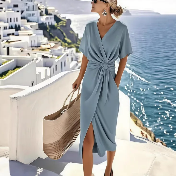 Vestidos de mujer 2026: Nueva moda, color liso, con lazo, cuello en V, abertura y nudo, vestidos a media pantorrilla, ropa de mujer, vestidos